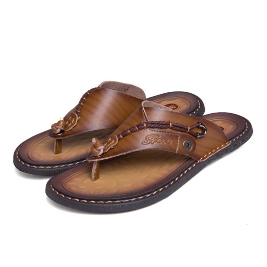 Men Soft Casual Genuine Leather Beach Clip Toe Slippers