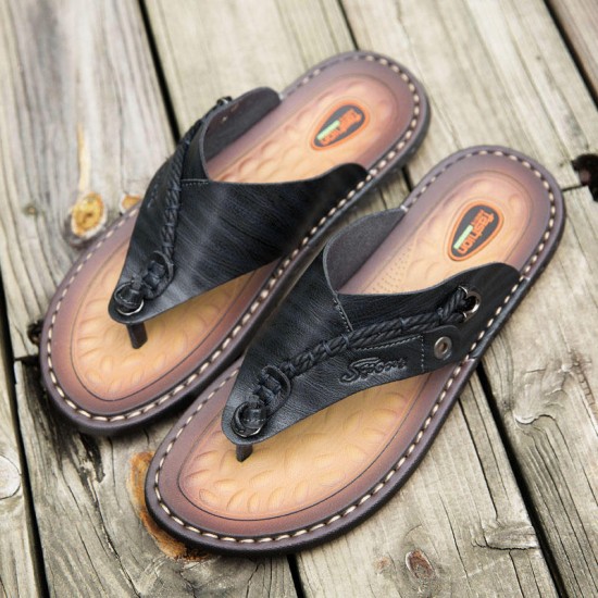 Men Soft Casual Genuine Leather Beach Clip Toe Slippers