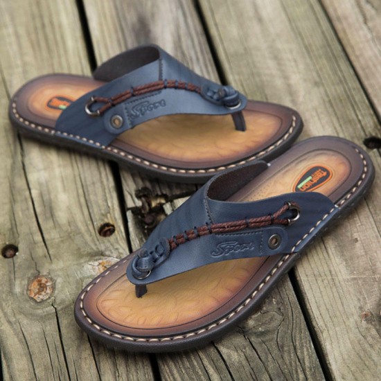 Men Soft Casual Genuine Leather Beach Clip Toe Slippers