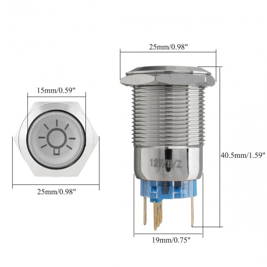 19mm 12V LED IP65 Push Button On Off Dome Light Switch