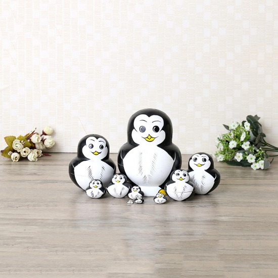 10 Pcs Wooden Penguin Animal Hand Painted Russian Nesting Doll Decor Gifts Toy