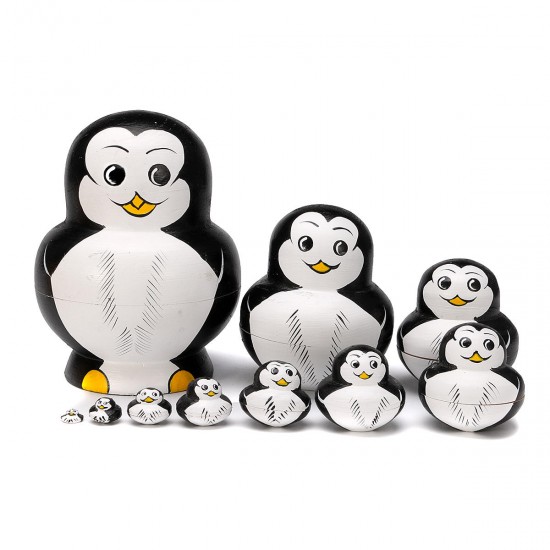 10 Pcs Wooden Penguin Animal Hand Painted Russian Nesting Doll Decor Gifts Toy