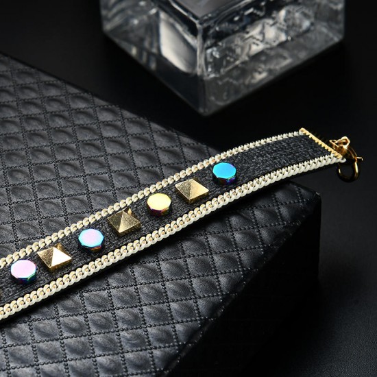 Bohemian Rivet Gold Plated Bracelet Colorful Coin Leather Bracelet Bangle Fashion for Women