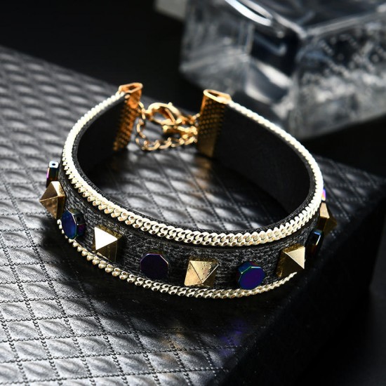 Bohemian Rivet Gold Plated Bracelet Colorful Coin Leather Bracelet Bangle Fashion for Women