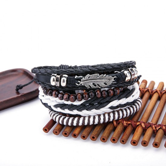 1 Set Men's Multilayer Bracelets & Bangles Vintage Leaf Charm Wood Beads Leather Bracelet for Men