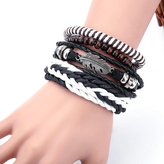 1 Set Men's Multilayer Bracelets & Bangles Vintage Leaf Charm Wood Beads Leather Bracelet for Men