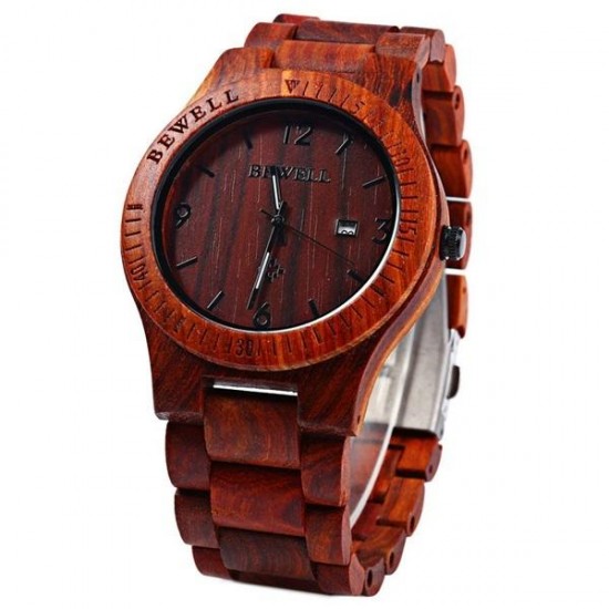 BEWELL ZS-W086B Men Natural Wooden Auto Calendar Display Fashion Quartz Wrist Watch