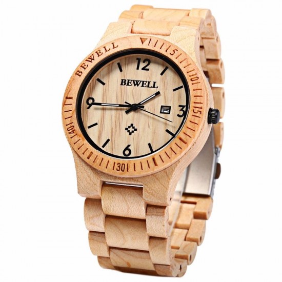 BEWELL ZS-W086B Men Natural Wooden Auto Calendar Display Fashion Quartz Wrist Watch