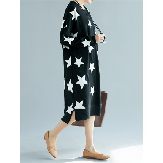 Casual Loose Women Star Printed Long Sleeve O-Neck Dress