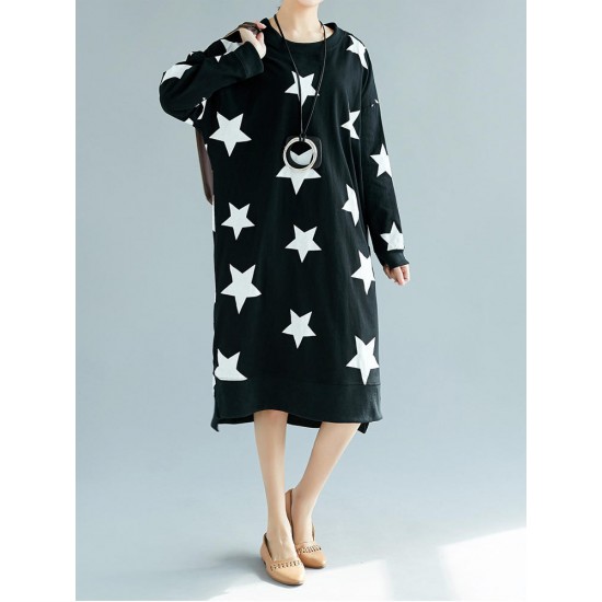 Casual Loose Women Star Printed Long Sleeve O-Neck Dress