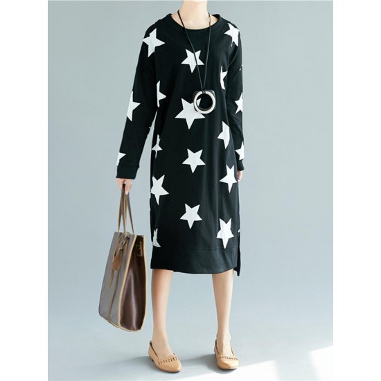 Casual Loose Women Star Printed Long Sleeve O-Neck Dress