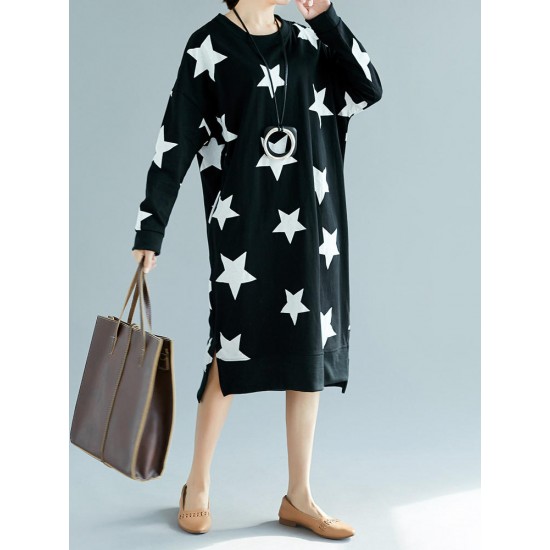 Casual Loose Women Star Printed Long Sleeve O-Neck Dress