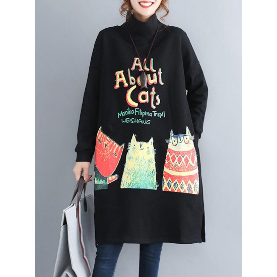 Casual Women Cartoon Print High Collar Fleece Thick Sweatershirt Dress