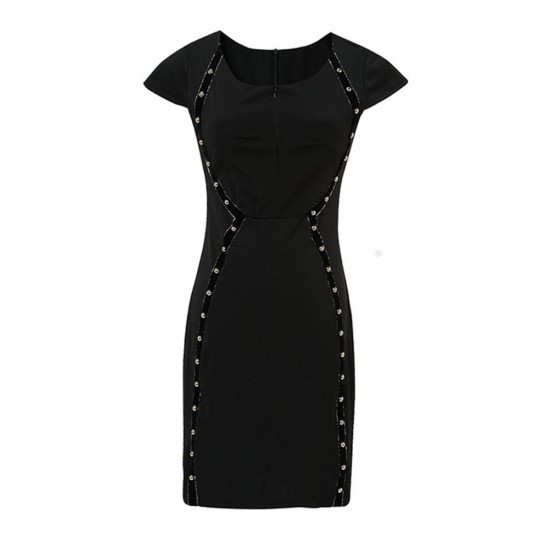 Elegant Women Rivet Zip-up Short Sleeve High-waist Dress