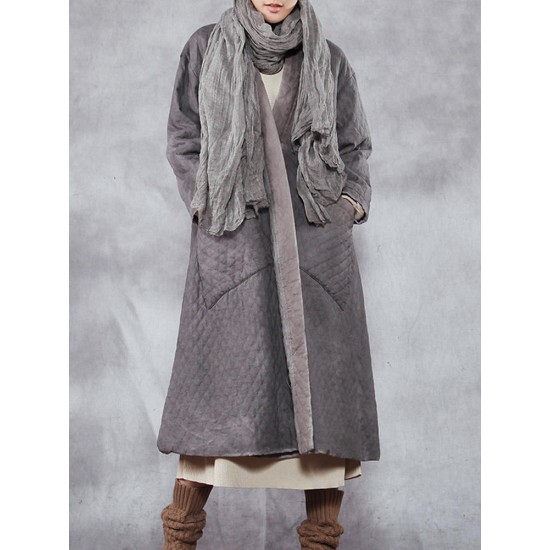 Casual Loose Plaid Solid Pockets Stand Collar Long Sleeve Women Coats