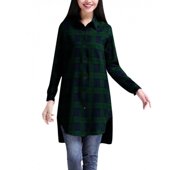 Casual Lady Plaid Print Asymmetrical Long Sleeve Shirt