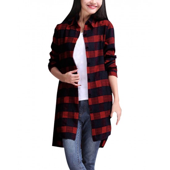 Casual Lady Plaid Print Asymmetrical Long Sleeve Shirt