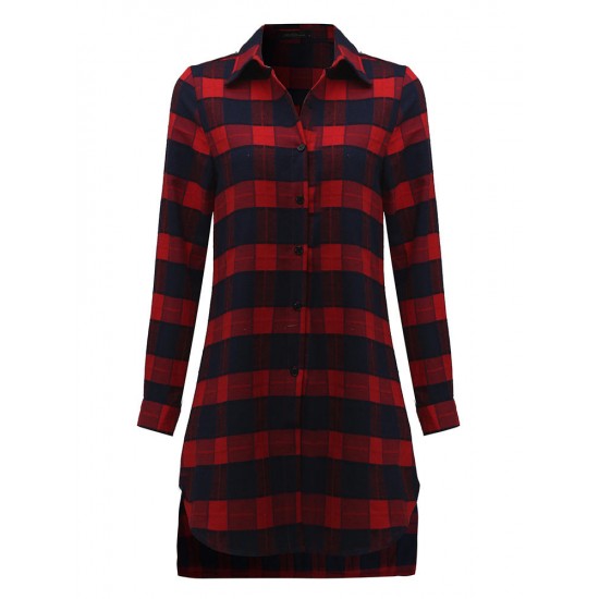 Casual Lady Plaid Print Asymmetrical Long Sleeve Shirt