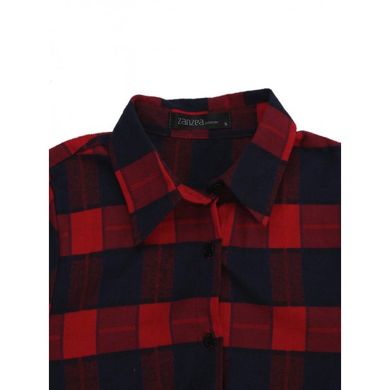 Casual Lady Plaid Print Asymmetrical Long Sleeve Shirt