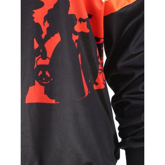 Halloween Pumpkin Bat Printed One Shoulder Long Sleeve Sweatshirt