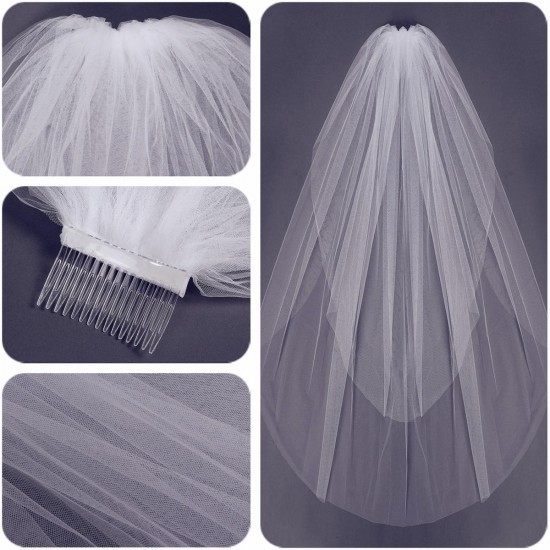 2 Layers Bride White Ivory Bridal Elbow Length Cut Edge Wedding Veil With Comb