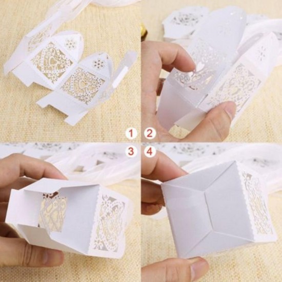 10PCS Heart Pattern Ribbon Laser Cut Hollow Out Wedding Candy Box Gift Chocolate Storage