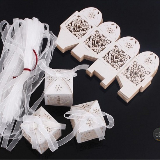 10PCS Heart Pattern Ribbon Laser Cut Hollow Out Wedding Candy Box Gift Chocolate Storage