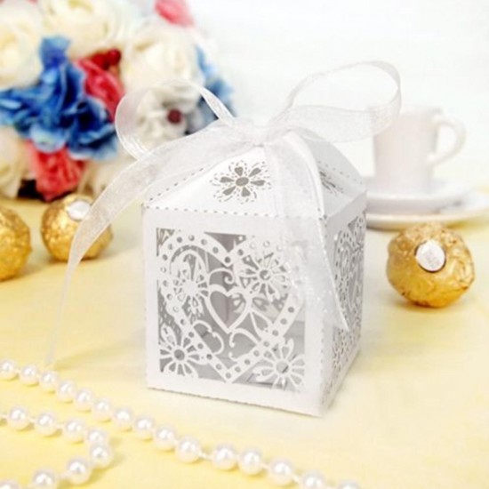 10PCS Heart Pattern Ribbon Laser Cut Hollow Out Wedding Candy Box Gift Chocolate Storage