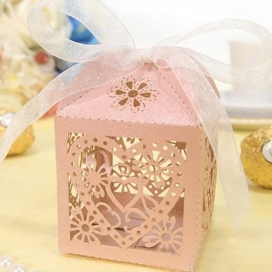 10PCS Heart Pattern Ribbon Laser Cut Hollow Out Wedding Candy Box Gift Chocolate Storage