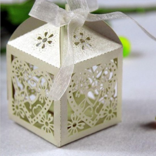 10PCS Heart Pattern Ribbon Laser Cut Hollow Out Wedding Candy Box Gift Chocolate Storage