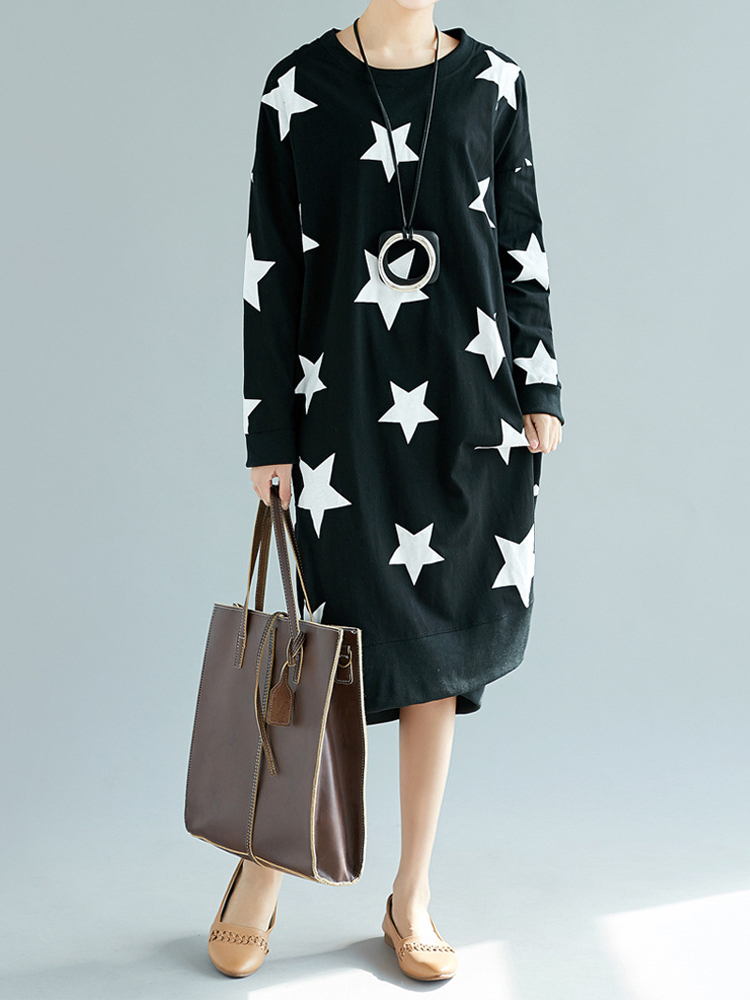 Casual-Loose-Women-Star-Printed-Long-Sleeve-O-Neck-Dress-1275947