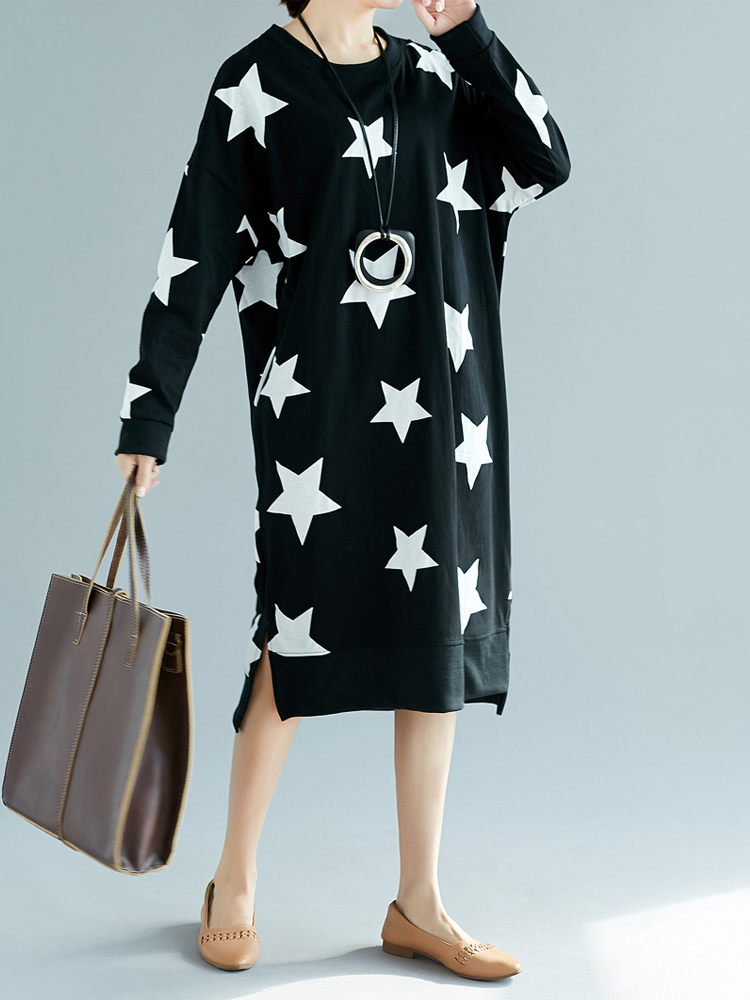 Casual-Loose-Women-Star-Printed-Long-Sleeve-O-Neck-Dress-1275947