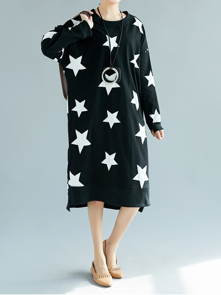 Casual-Loose-Women-Star-Printed-Long-Sleeve-O-Neck-Dress-1275947