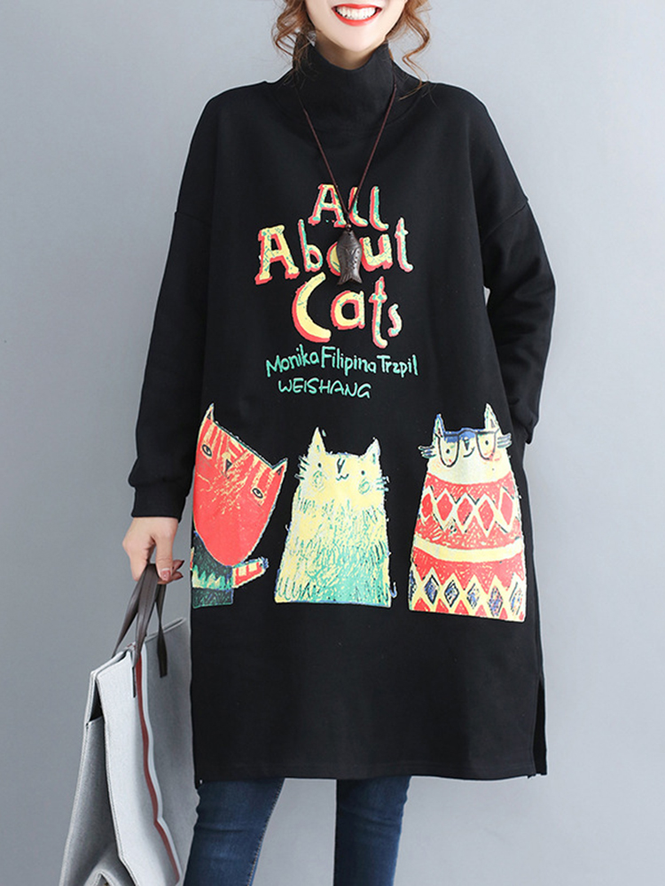 Casual-Women-Cartoon-Print-High-Collar-Fleece-Thick-Sweatershirt-Dress-1390459