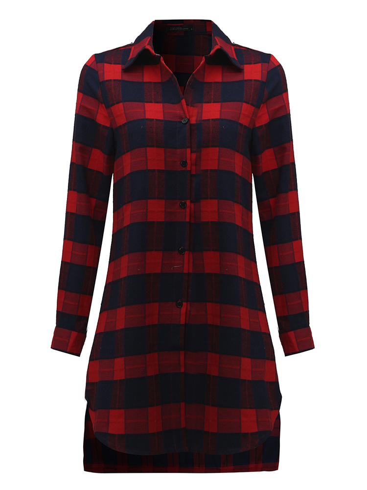 Casual-Lady-Plaid-Print-Asymmetrical-Long-Sleeve-Shirt-1137235