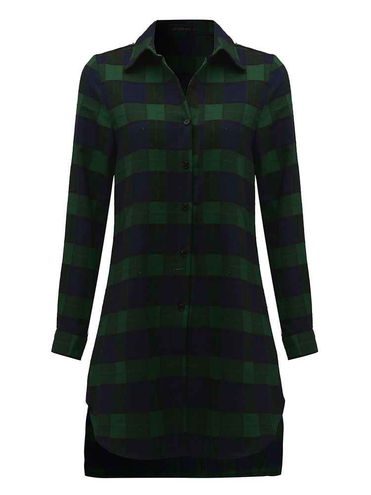 Casual-Lady-Plaid-Print-Asymmetrical-Long-Sleeve-Shirt-1137235