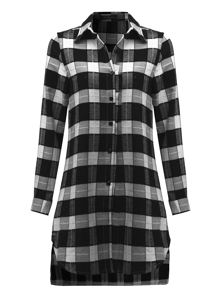 Casual-Lady-Plaid-Print-Asymmetrical-Long-Sleeve-Shirt-1137235