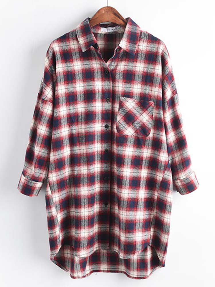 Casual-Women-Cotton-Plaid-Irregular-Hem-Long-Sleeve-Button-Blouse-with-Pockets-1358073