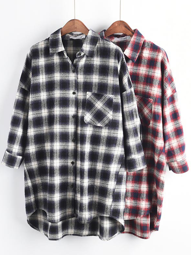 Casual-Women-Cotton-Plaid-Irregular-Hem-Long-Sleeve-Button-Blouse-with-Pockets-1358073